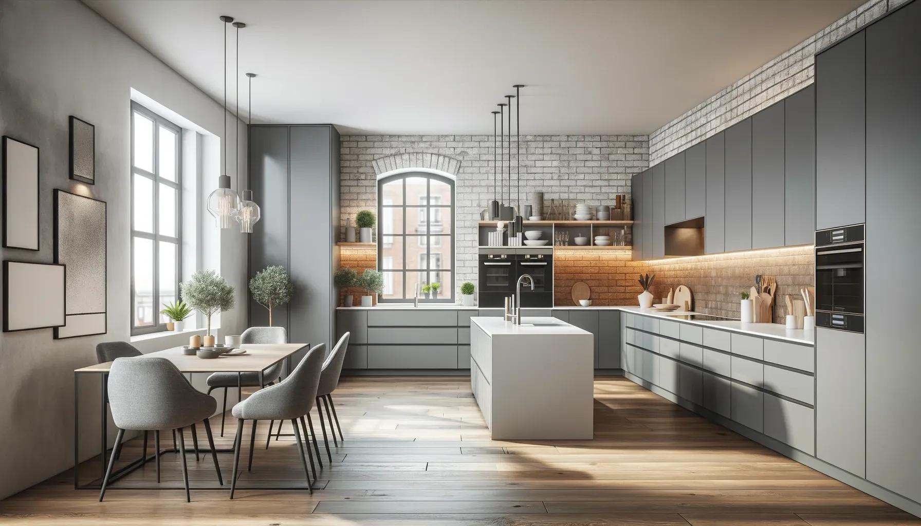 Eine moderne Küche mit schlichtem grauem Design.