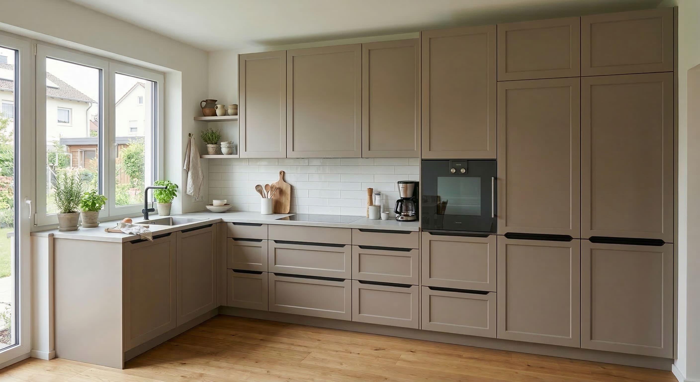 Helle Küche mit Kassettenfronten in Greige und integriertem Backofen